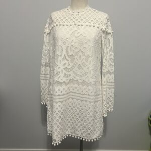 White Lace Pom Pom Trim Shift Dress